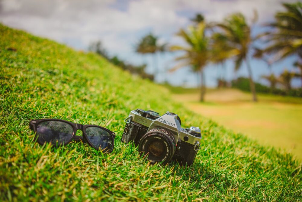 camera and sunglasses on grass